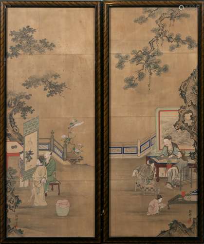 Pair of Chinese Paintings on Silk, Tan Xian探仙款 絹本庭院人物鏡框一對