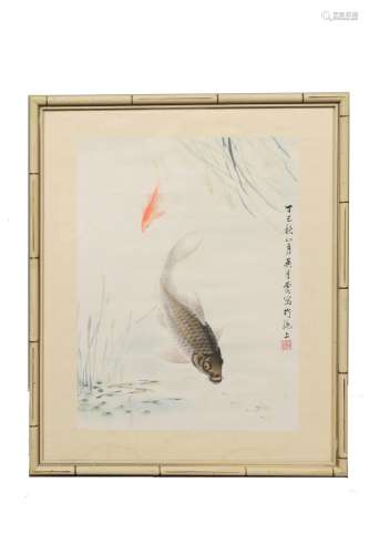 Chinese Painting of 2 Carp by Wu Qingxia吳青霞 遊魚圖鏡框