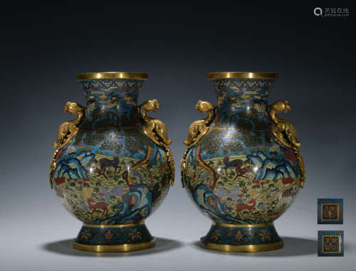 Qing dynasty cloisonne bottle with phoenix ears 1*pair