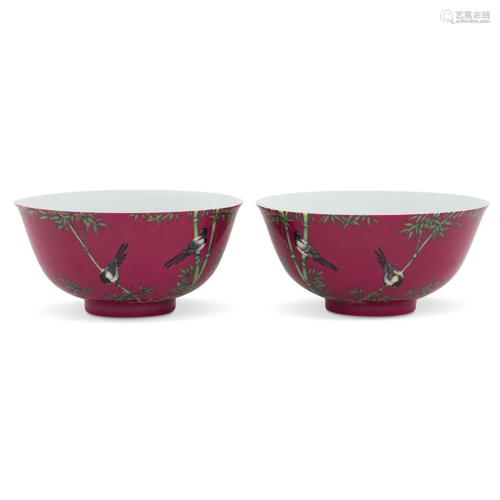 PAIR OF MAGPIE & BAMBOO RUBY-RED BOWLS