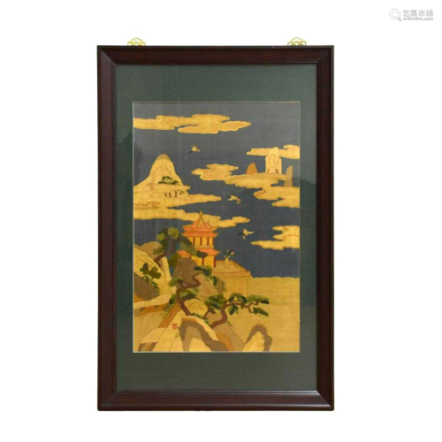 19TH C FRAMED SILK KESI OF ARCHITECTU…