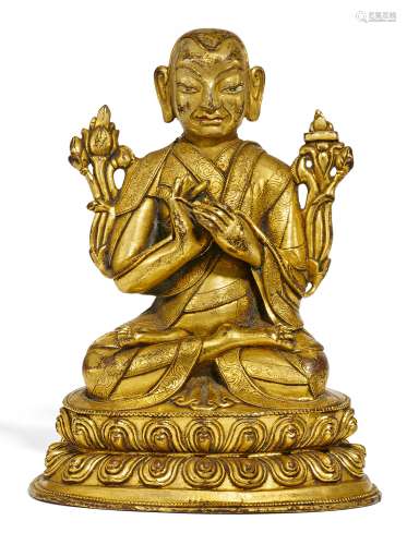 LAMA WITH HIS HANDS IN TEACHING GESTURE. Origin: Tibet. Date: 17th-18th c. Technique: Fire gilt
