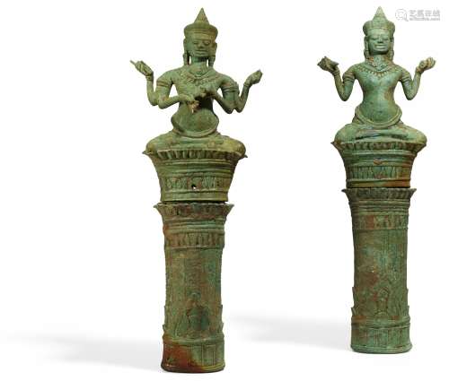 TWO RARE TANTRIC BUDDHIST FIGURES ON HIGH PEDESTALS. Origin: Khmer. Angkor Wat. Dynasty: Bayon