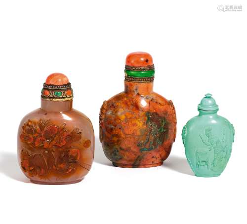 THREE SNUFFBOTTLE FROM STONE. Origin: China. Dynasty: Qing dynasty (1644-1912). Description: a)