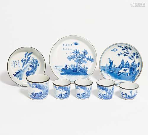 FIVE CUPS AND THREE DISHES. Origin: China for Vietnam. Date: 19th c. Technique: Porcelain in blue