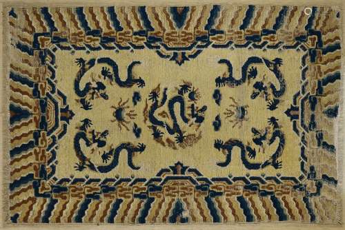 IMPORTANT, IMPERIAL YELLOW CARPET WITH FIVE BLUE DRAGONS. Origin: China. Ningxia. Dynasty: Qing