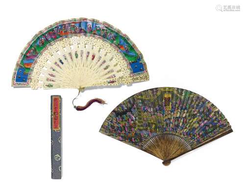 FAN WITH GENRE SCENES AND FAN FROM SHU LIAN JI WITH VIEWS OF THE WEST LAKE AND BUDDHIST TEMPLES.