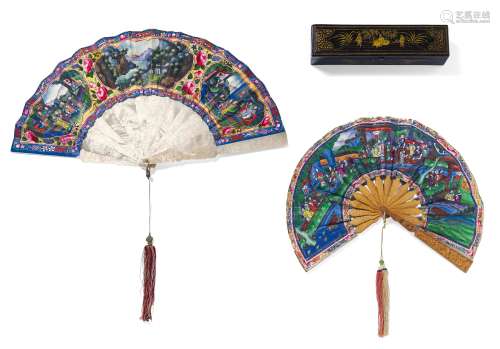 TWO FANS WITH GENRE SCENES, LANDSCAPES AND FLOWERS. Origin: China. Dynasty: Qing dynasty. Date: