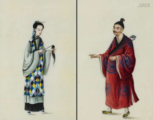 PAIR OF PAINTINGS OF DAOIST NUN AND MONK. Origin: China. Dynasty: Late Qing dynasty. Date: 1st