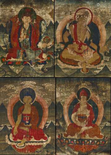 RARE SET OF FOUR THANGKA WITH EMANATIONS OF PADMASAMBHAVA (GURU RINPOCHE). Origin: Tibet. Date: 18th
