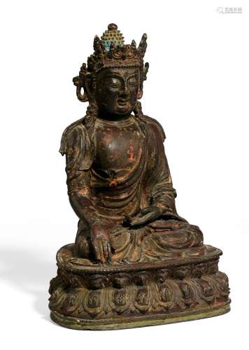 BUDDHA IN BHUMISPARSA MUDRA. Origin: China. Date: 16th/17th c. Technique: Bronze with lacquer