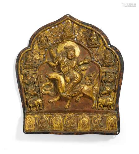 IMPORTANT RELIEF WITH FEMALE DEITY RIDING ON A WOLF. Origin: Tibet. Date: 18th c. Technique: