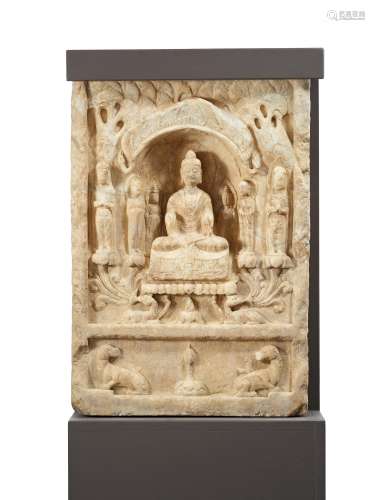 STELE WITH BUDDHA, BODHISATTVA AND MONKS. Origin: China. Dynasty: Northern and Southern dynasties (