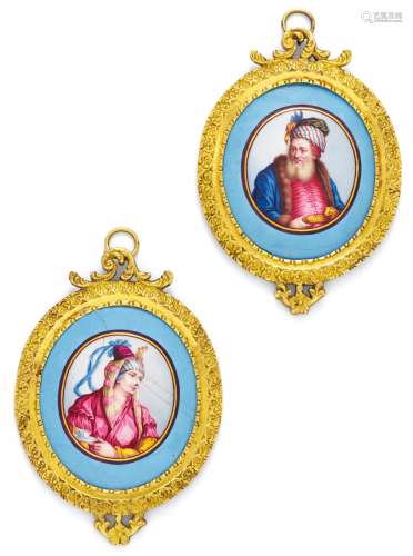 PAIR OF EXTRAORDINARY ENAMEL MINIATURES ON COPPER WITH ORIENTAL COUPLE IN BRASS FRAMES. Germany.