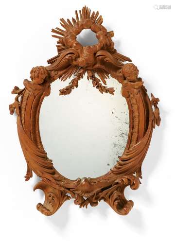 SMALL PEAR WOOD ROCOCO MIRROR CARTOUCHE OF MUSEUM-LIKE QUALITY. Würzburg. Date: Around 1770-75.