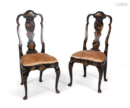 A set of six black Japanned chairs, in Queen Anne style, 19th century