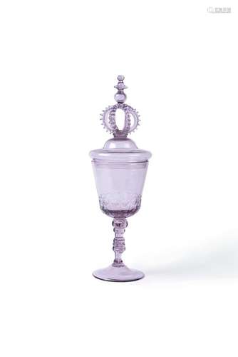 A large German pale-amethyst tint facet-stemmed goblet and a cover, possibly Saxon or Thuringian, se