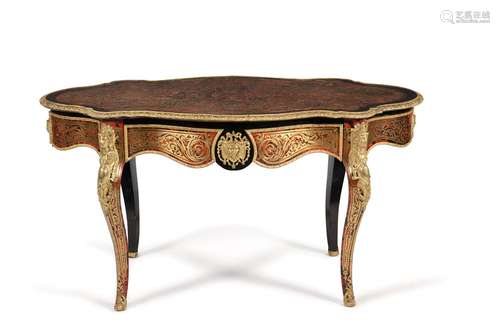 ϒ A Napoleon III 'Boulle' cut brass inlaid scarlet tortoiseshell centre table, circa 1860