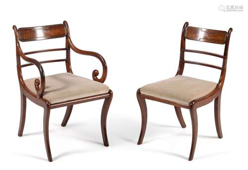 A set of ten Regency mahogany and brass mounted dining chairs, circa 1815