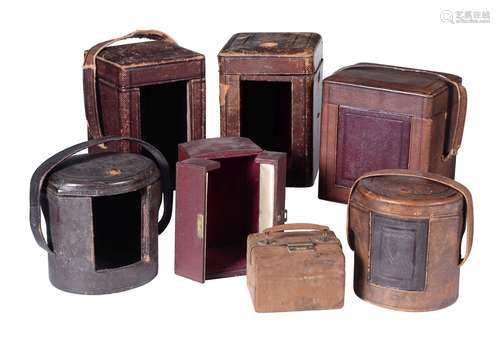 A group of seven leather covered carriage clock travelling cases, mid 19th century and later