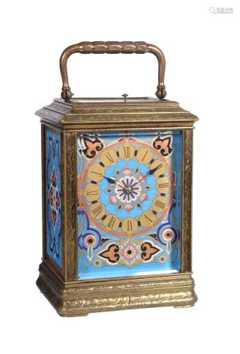 A French engraved brass carriage clock with porcelain panels and push-button repeat, probably by Jul