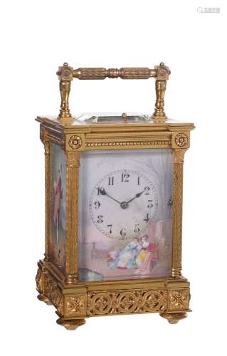 A French gilt brass carriage clock with figural painted porcelain panels and push-button repeat, the