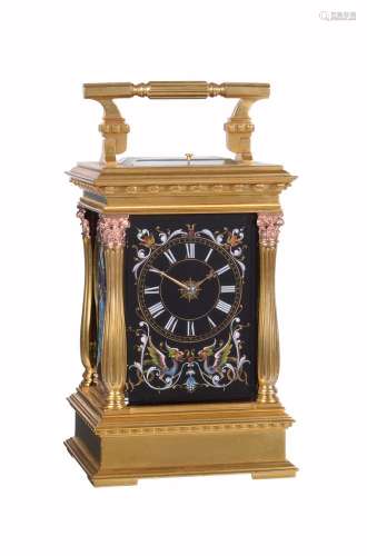 A very fine Limoges enamel panelled gilt brass cased carriage clock with push-button repeat and alar