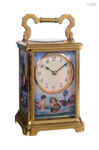 A Swiss gilt brass carriage clock with fine German enamelled silver panels and alarm, Stamped for Ra