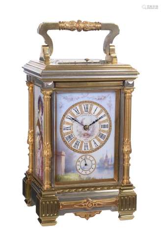 A fine French porcelain panel inset silvered and gilt brass grande-sonnerie striking carriage clock