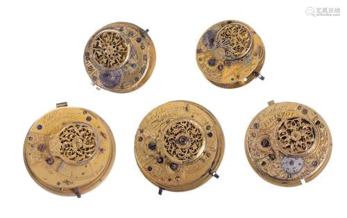 Five verge pocket watch movements, various makers, late 18th century and later