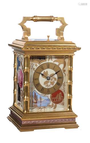 A fine French gilt brass carriage clock with Aesthetic style porcelain panels and push-button repeat