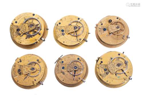 Six lever pocket watch movements, various makers, 19th century