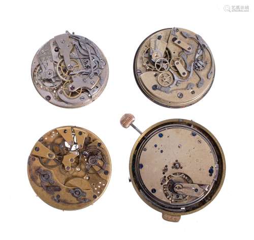 Three chronograph pocket watch movements and a quarter-repeating movement, all unsigned, Swiss, 20th
