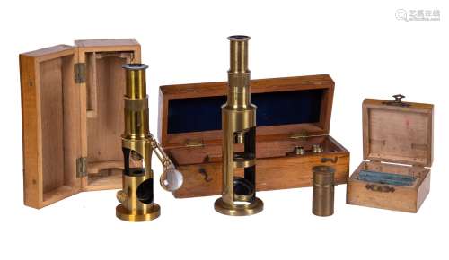 Two lacquered brass compound drum microscopes, both unsigned, mid to late 19th century