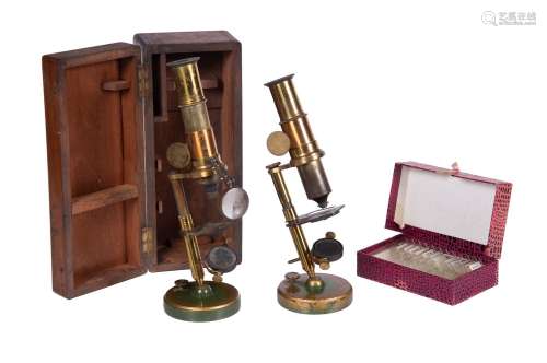 Two identical French lacquered brass student’s portable compound microscopes, unsigned, late 19th ce