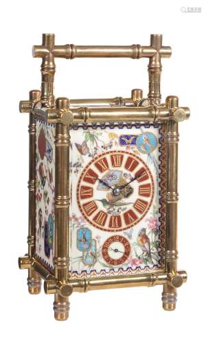 A fine French gilt brass bamboo cased carriage clock with Aesthetic style porcelain panels, push-but