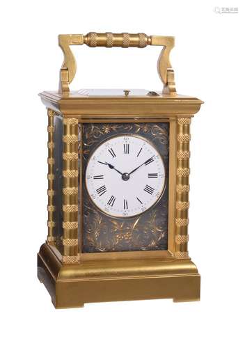 A French frosted gilt brass carriage clock with push-button repeat, unsigned, Paris, late 19th centu