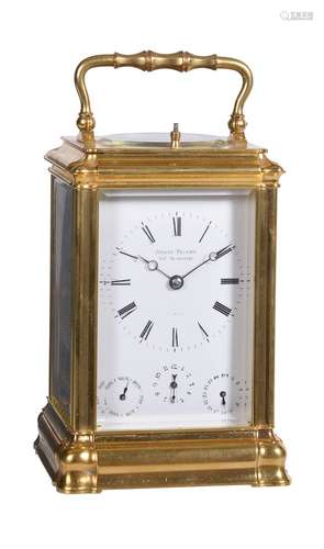 A fine French gilt brass gorge cased calendar carriage clock with push-button repeat and alarm, prob