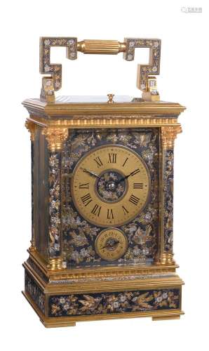 A fine French frosted gilt brass carriage clock with multi-coloured relief cast foliate decorated an