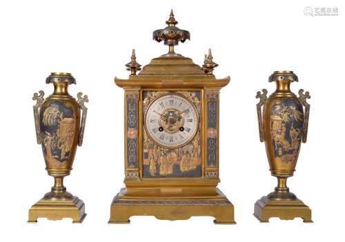 A French gilt brass mantel clock garniture in the Chinese taste with fine multi-coloured relief cast