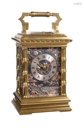 A fine French gilt brass carriage clock with multi-coloured relief cast chinoiserie panels and push-