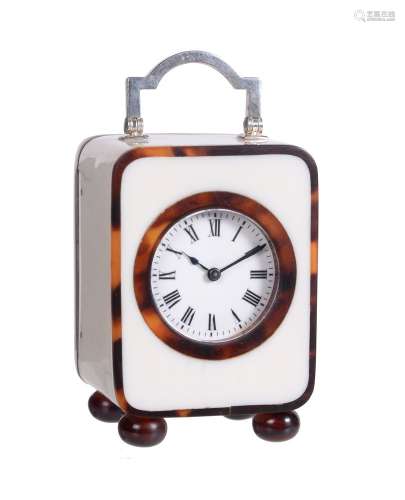ϒ An Edwardian small silver mounted ivory and tortoiseshell carriage timepiece