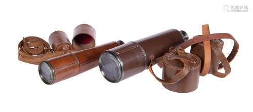 Two brass and leather refracting telescopes, one by Dollond, London, 20th century