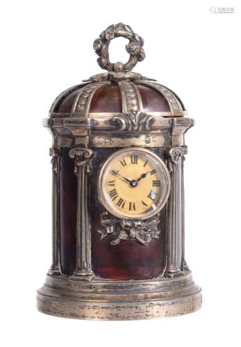 ϒ A rare French silver mounted tortoiseshell miniature carriage timepiece in the form of a rotunda