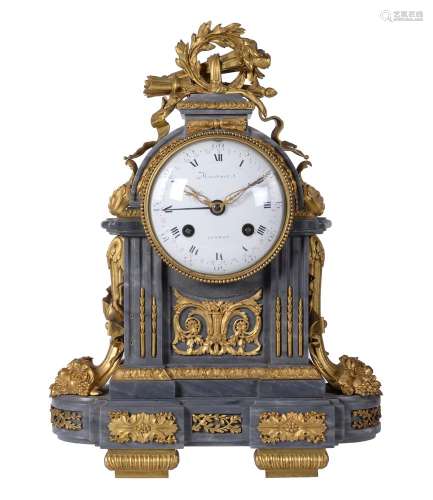 A French Louis XVI ormolu mounted Gris St Anne marble mantel clock with concentric calendar, Signed