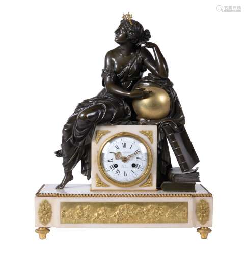 A French Louis XVI patinated bronze, ormolu and white marble figural mantel clock, Jaques Gudin, Par