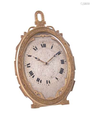 A fine Victorian engraved gilt brass oval strut timepiece in the manner of Thomas Cole, unsigned, mi