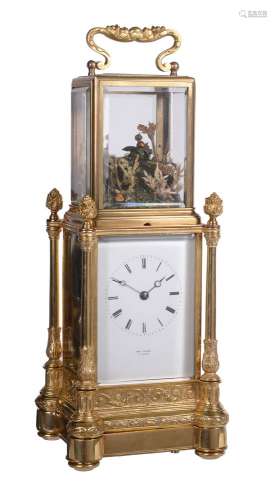 A fine and rare French gilt brass singing bird automaton carriage clock, Japy Freres for Henry Marc,
