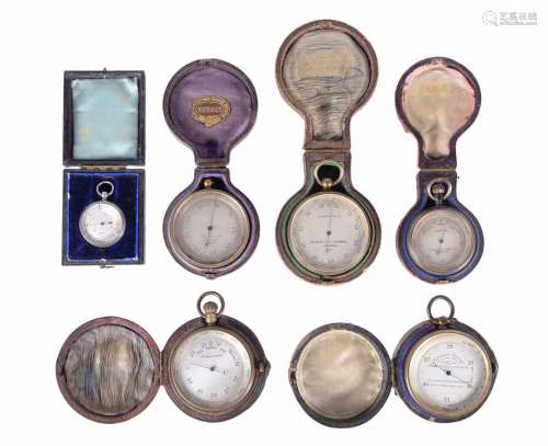 A group of five gilt brass aneroid pocket barometers, various makers, late 19th and early 20th centu