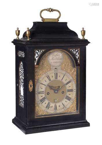 ϒ A George I brass mounted ebony table clock with pull-quarter repeat on six bells, Robert Markham